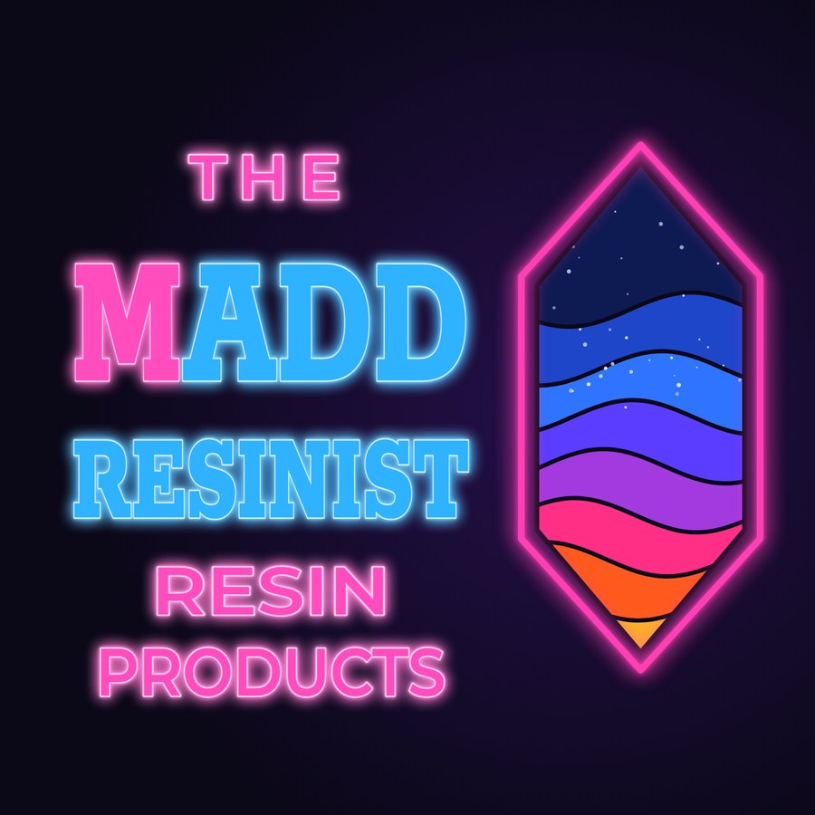 The MADD Resinist, Resin Products logo: neon letters beside a hexagon of resin-colored waves