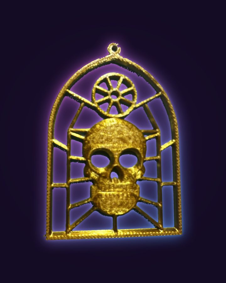 An empty Gothic Skull Window frame in silk gold: a skull and a rose window inside an arched frame, the windows open